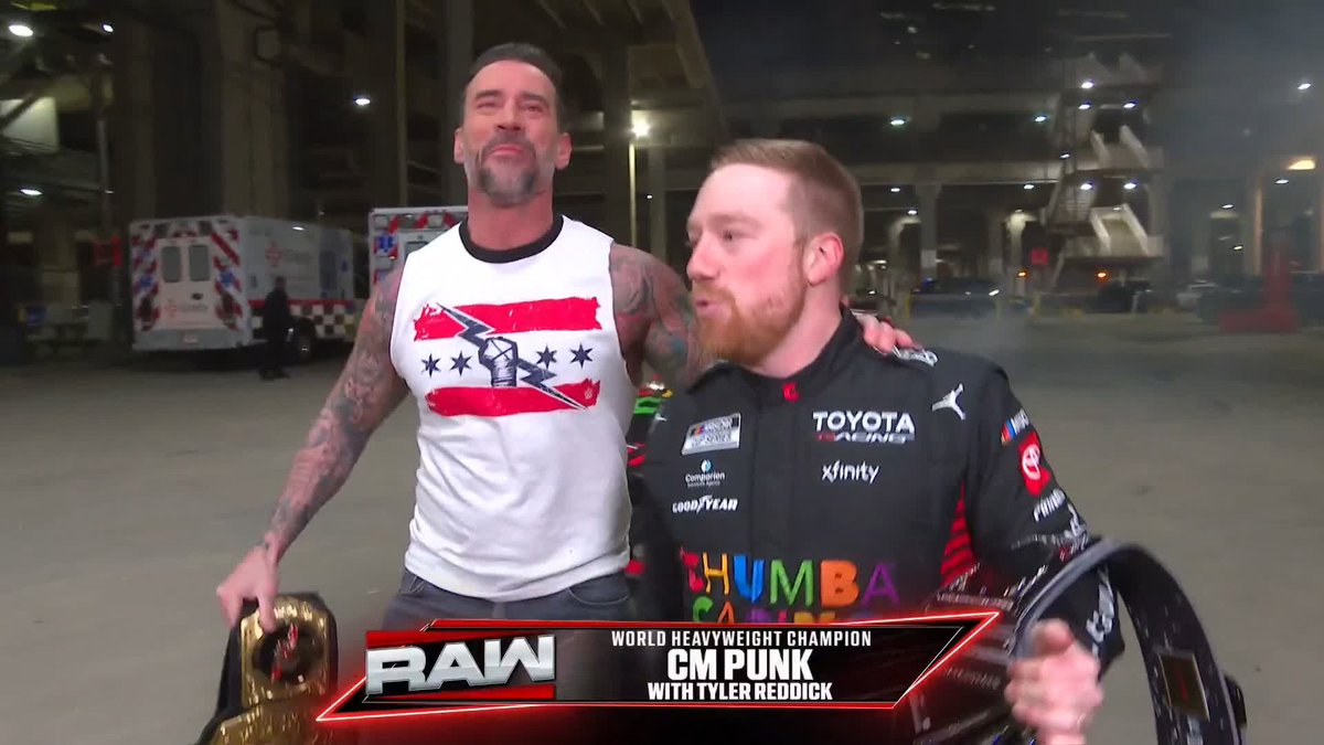 The WINNER of the Daytona 500 tyler reddick arrives in style with the WrestleMania Title! 😤 AND is joined by World Heavyweight Champion player/coach! Chumba Casino | 23XI Racing