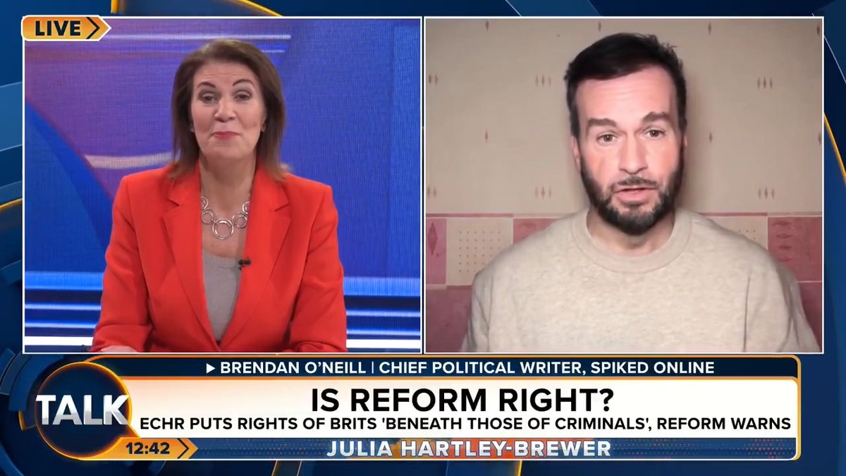 🚨Brendan O'Neill backs Reform UK's vow to leave the ECHR and also ban all face coverings. "I don't know how we've arrived at a situation where it's considered racist or fascist to kick people out of the country." Julia Hartley-Brewer