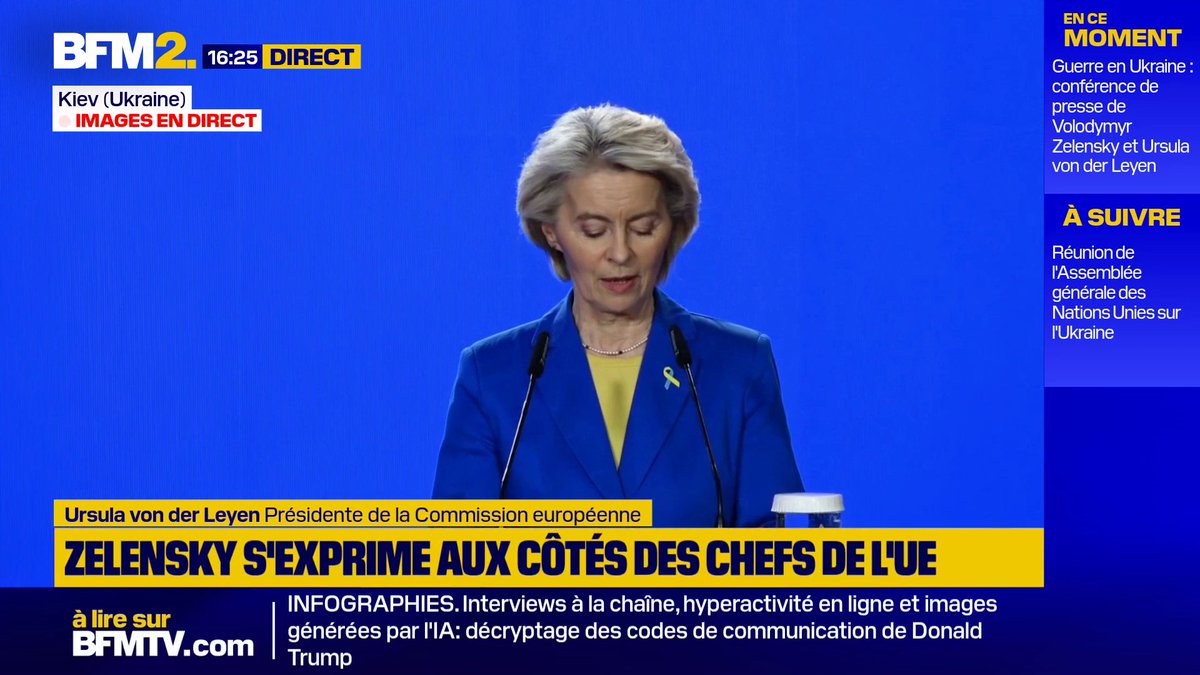 💬"Cette promesse ne peut pas être rompue" L'UE accordera son prêt de 90 milliards d'euros à l'Ukraine "d'une façon ou d'une autre", assure Ursula von der Leyen à Kiev #BFM2