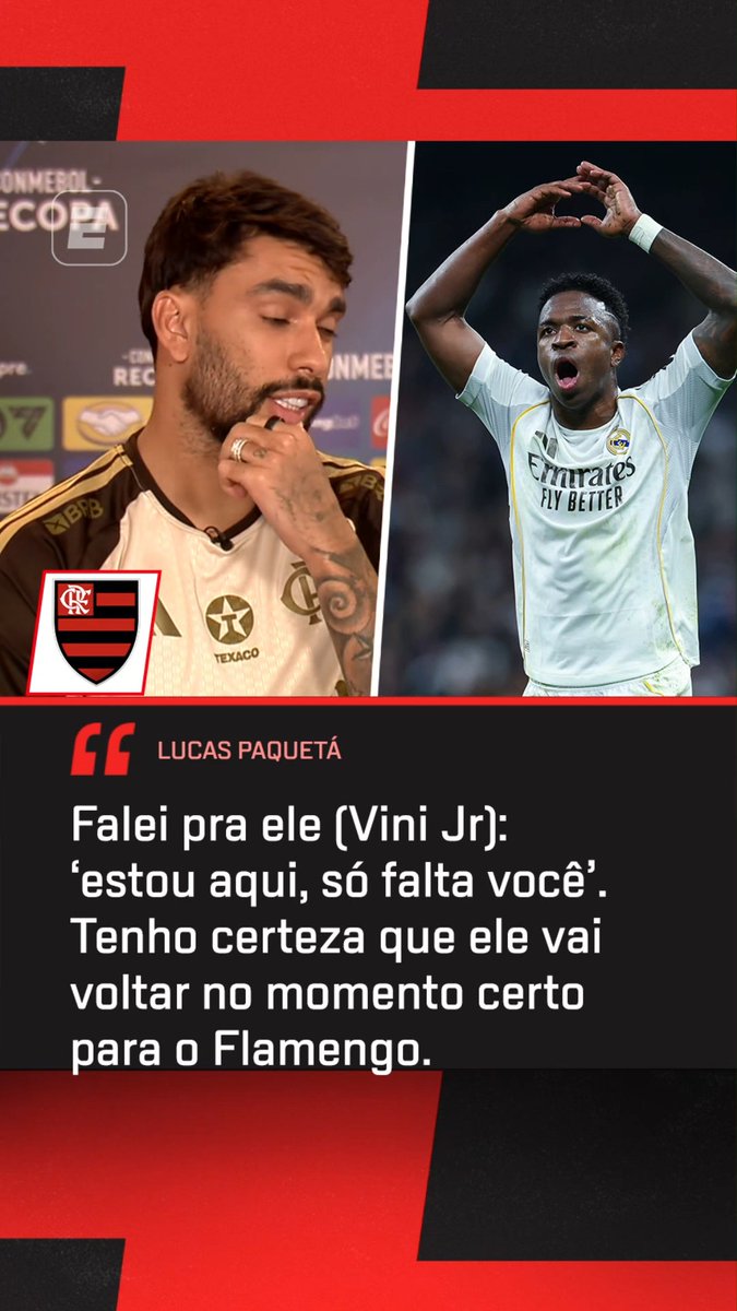 Paquetá, sobre Vini Jr: “A gente conversa muito. Eu falei para ele: ‘eu tô aqui, agora só falta você. Vem, porque a gente tem que cumprir o que a gente prometeu’. No momento certo, ele vai voltar também para o Flamengo.” 🎥 ESPN Brasil | SportsCenter Brasil
