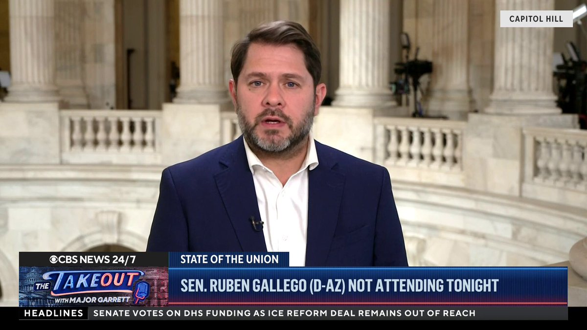 Sen. Ruben Gallego (D-AZ) says he is skipping President Trump’s State of the Union address tonight because “we’ve seen this show before.” “The president goes and talks about him. He doesn't talk about the state of the union. And I think there's better things for me to be doing than wasting my time just listening to him just pontificate,” Gallego tells CBS News’ Major Garrett.