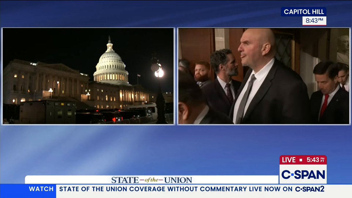 🚨 NOW: Sen. JOHN FETTERMAN (D-PA) spotted in a SUIT at President Trump's State of the Union Fetterman is one of the Democrats who demanded his colleagues not protest President Trump's SOTU