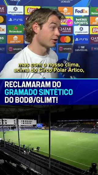 Patrick Berge, capitão do Bodø/Glimt, comentou sobre as pessoas que reclamam do gramado sintético. Por estar no círculo polar ártico, o clube norueguês joga num estádio com gramado sintético. Via TNT Sports BR