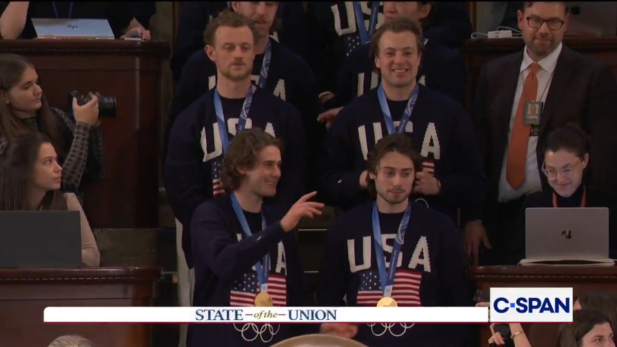 Gold medal winning Team USA men's hockey team at the State of the Union. President Trump announces goalie Connor Hellebuyck will receive the Presidential Medal of Freedom. #SOTU #SOTU2026