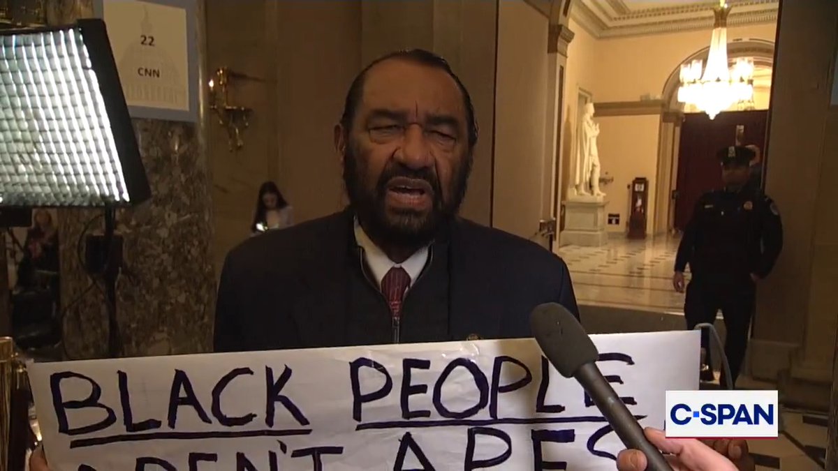 .U.S. Representative Al Green speaks to the media following his removal from the State of the Union address: "Tonight, I wanted him to have a person confront him and let him know that Black people aren't apes."