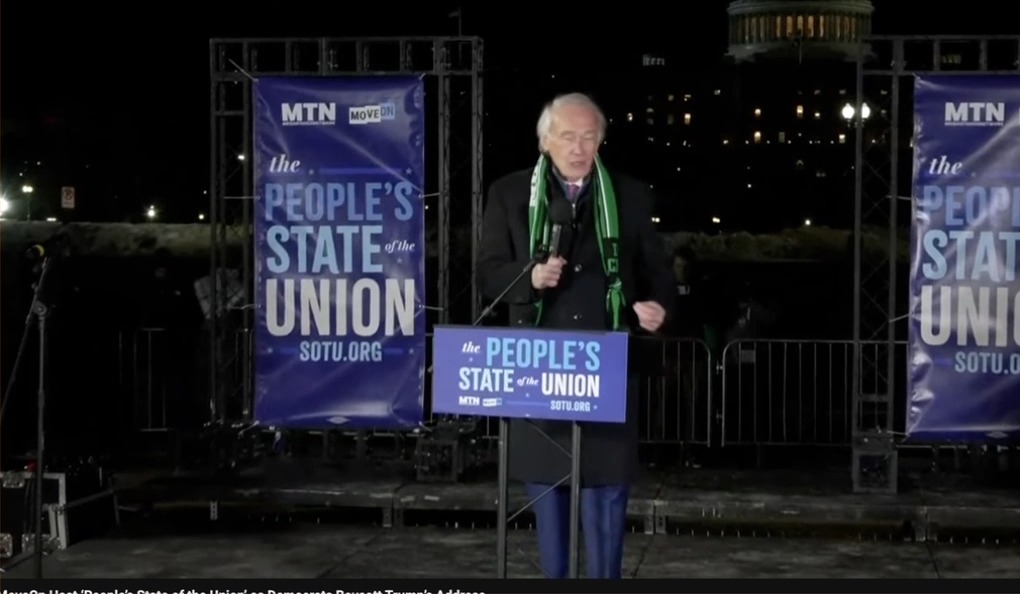 Ed Markey: I am here with you at the People's State of the Union, because the State of the Union should be a moment of truth. A reckoning with reality. A commitment to the common good. But under Donald Trump, it has become Lies-a-Palooza that goes on for hours. If he was Pinocchio, his nose would stretch across the entire floor of Congress. It's one big lie. A made-for-TV spectacle. A bogus sales pitch. And a slap in the face of the millions of Americans who are living through their struggles each and every day.