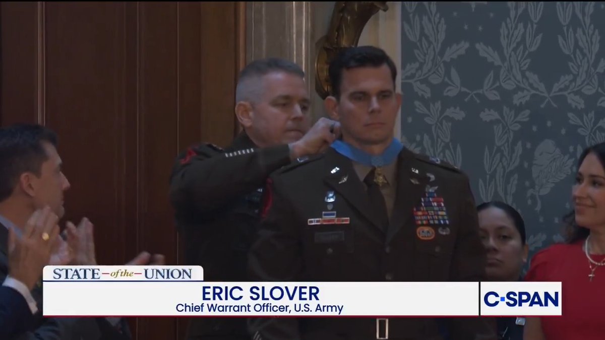 .U.S. Army Chief Warrant Officer Eric Slover receives the Congressional Medal of Honor at the State of the Union address.