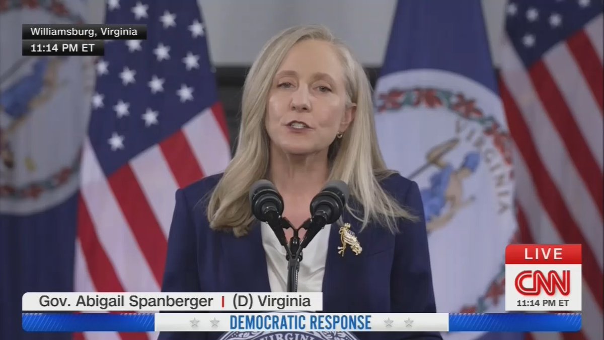 Gov. Spanberger on the Trump administration’s immigration crackdown: “Our president told us tonight that we are safer because these agents arrest mothers and detain children. Think about that.”