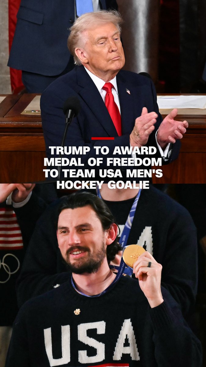 During the State of the Union address, President Donald Trump said he will award the Presidential Medal of Freedom, the nation's highest civilian honor, to US men's hockey Olympic gold medalist Connor Hellebuyck, who was key to the first American men's hockey gold medal victory since 1980. Read more:
