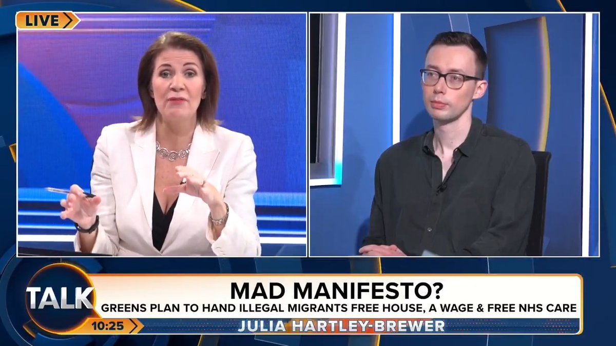 🚨Julia Hartley-Brewer invites Green Party leader Zack Polanski to come on her show. "I genuinely think you are both utterly crazy and terribly dangerous. If you want to prove me wrong, feel free to come on anytime! "The invitation is open to you." Julia Hartley-Brewer | Zack Polanski