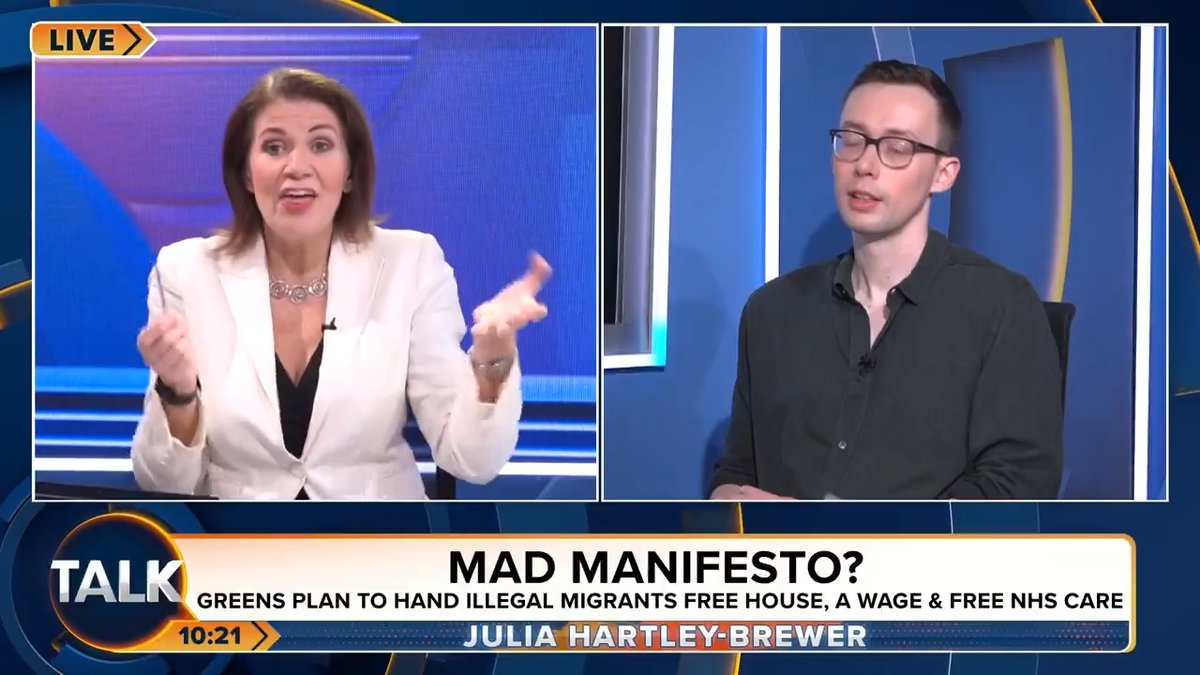 🚨"This is properly INSANE! There is no other word... It's insane!" Illegal migrants would get a free house and paid a wage even if they don't work, under immigration plans by the Green Party. Julia Hartley-Brewer