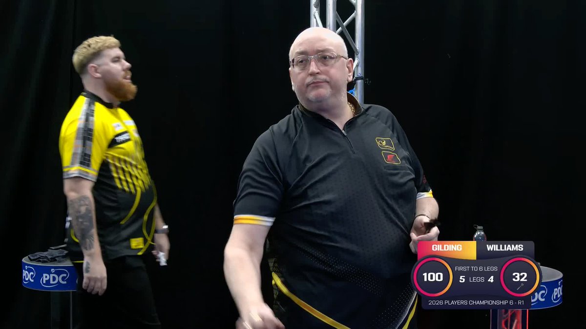 GILDING GETS OVER THE LINE! Andrew Gilding comes out on top against Scott Williams 6-4 in a battle of poor doubling, with 47 darts at double missed between the pair 😅 📺 #PC6