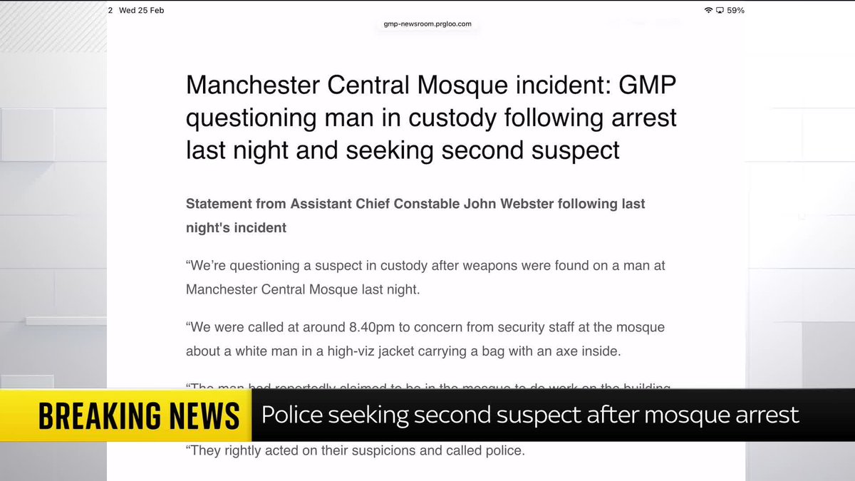 BREAKING: Police are questioning a man after he allegedly entered a mosque during Ramadan prayers carrying several weapons, including an axe. They are also seeking a second suspect. Read more: 📺 Sky 501, Virgin 602, Freeview 233 and YouTubeii