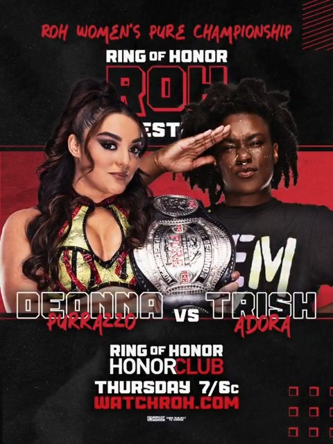 The open challenge was issued and accepted! The #ROH Women’s Pure Champion The Virtuosa takes on Trish Adora トリッシュ・アドラ of STP! 📺 Watch ROH TV on #HonorClub at 7/6c