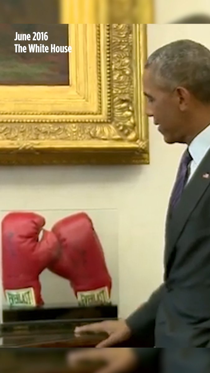 We have many special objects to share with the public when we open, but today we’re especially excited to preview a pair of boxing gloves Muhammad Ali gave to President Obama that will be on display at the Obama Presidential Center Museum starting in June. On this day in 1964, Cassius Clay, who would become known to the world as Muhammad Ali, was crowned the world heavyweight boxing champion for the first of three times. Ali’s story has been an inspiration for President Obama, who kept this gift of red Everlast boxing gloves inscribed by Ali on display in the White House throughout his presidency. They were a reminder of a quality the President admired most in Ali: “his unique ability to summon extraordinary strength and courage in the face of adversity, to navigate the storm and never lose his way.” These gloves remind us all to have the courage of our convictions. They will be on display in an exhibit highlighting sociopolitical movements from the 1960s to the early 1990s that helped shape Barack Obama and Michelle Obama when they were young.