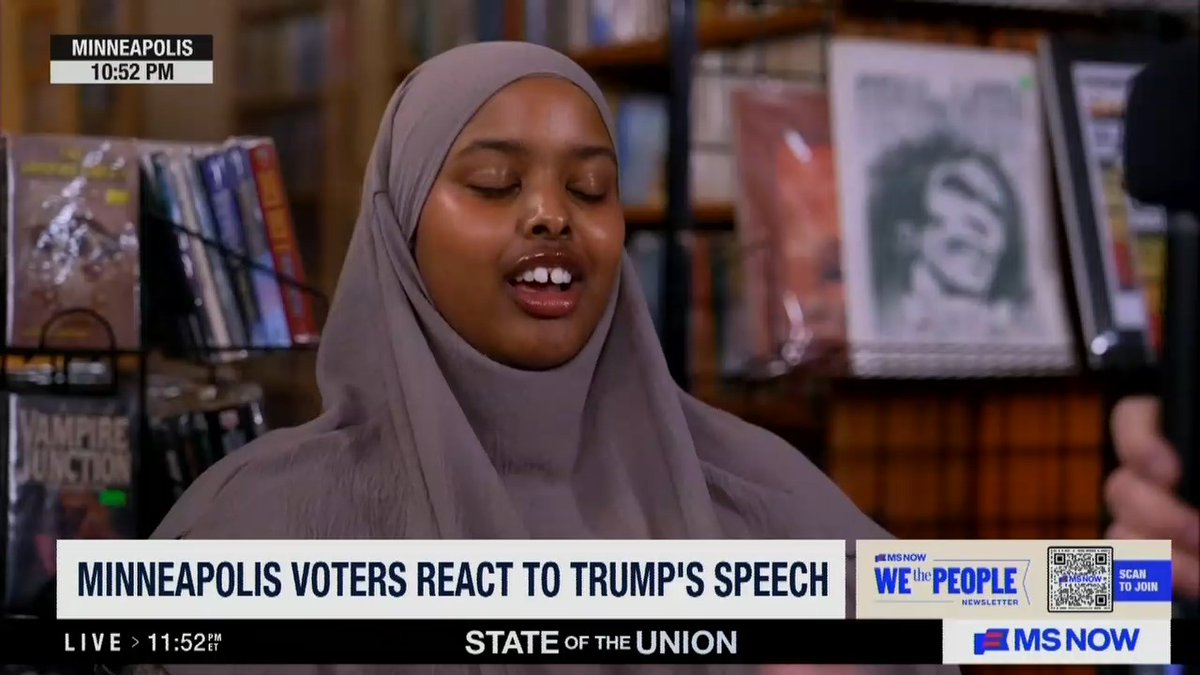 Reporter: You said Trump's speech is a joke. Why? First-time voter: Just the pure unseriousness. "Oh yeah, America's winning." But like, where? Where are we winning? People here have been murdered. Representatives have been murdered. People protesting at ICE protests have been arrested