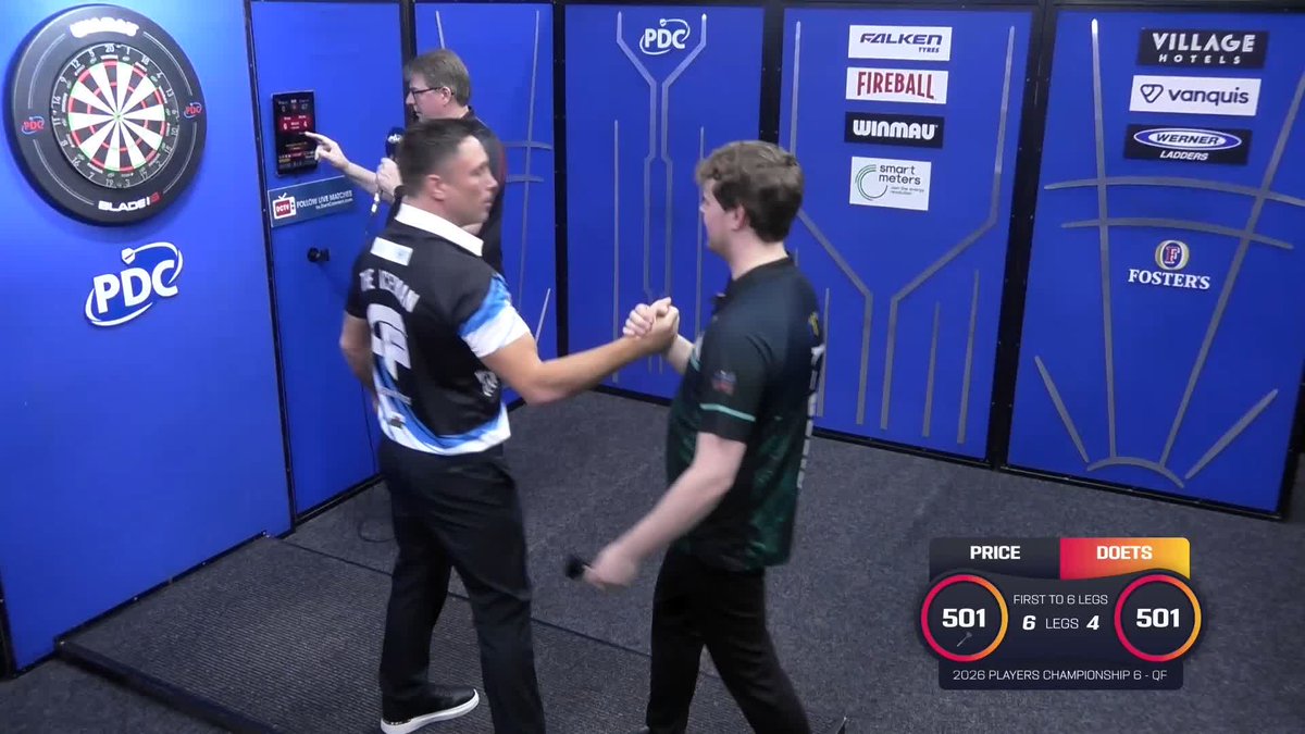 PRICE INTO THE SEMIS! Gerwyn Price is through to the semi-finals of #PC6, as the Welshman storms past Kevin Doets, averaging over 108 on his way to a 6-4 victory! ๐บ #PC6