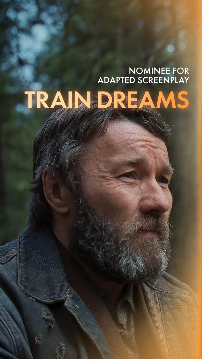 TRAIN DREAMS, screenplay by Clint Bentley and Greg Kwedar. Nominated for Writing (Adapted Screenplay) at the 98th Oscars. Watch the #Oscars LIVE on Sunday, March 15th, at 7e/4p on ABC and Hulu. #OnlyAtTheOscars