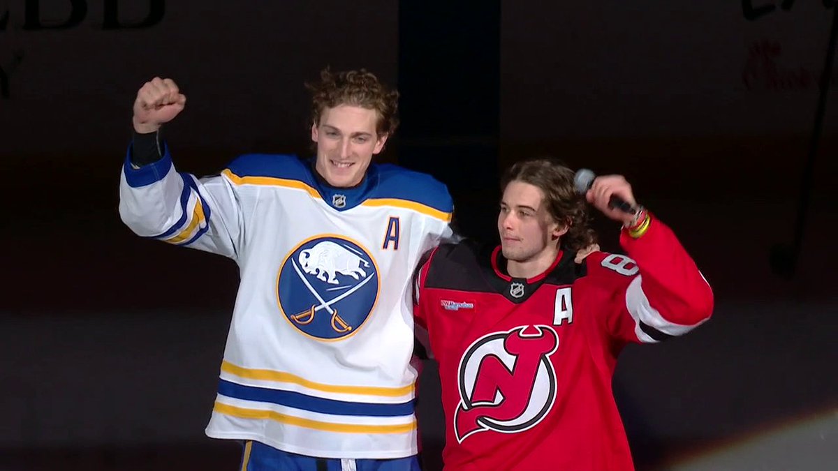Jack Hughes brought out Tage Thompson and spoke to the New Jersey crowd in his return to the NHL after they brought home the gold medal 👏