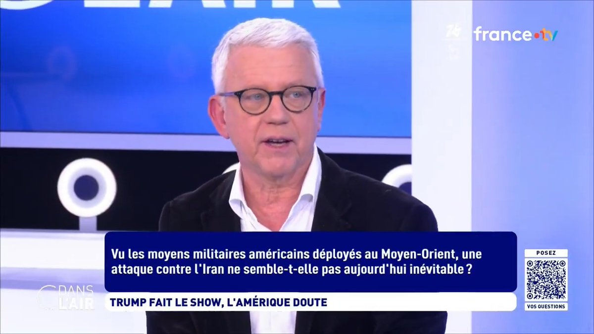 #Iran : "On se dirige vers quelque chose qu'il est très difficile d'arrêter parce que les déploiements ont atteint une telle ampleur que Trump ne pourra pas laisser ce dispositif longtemps, parce qu'il y a des moyens qui doivent être entretenus, et ça coûte cher." Bruno Tertrais