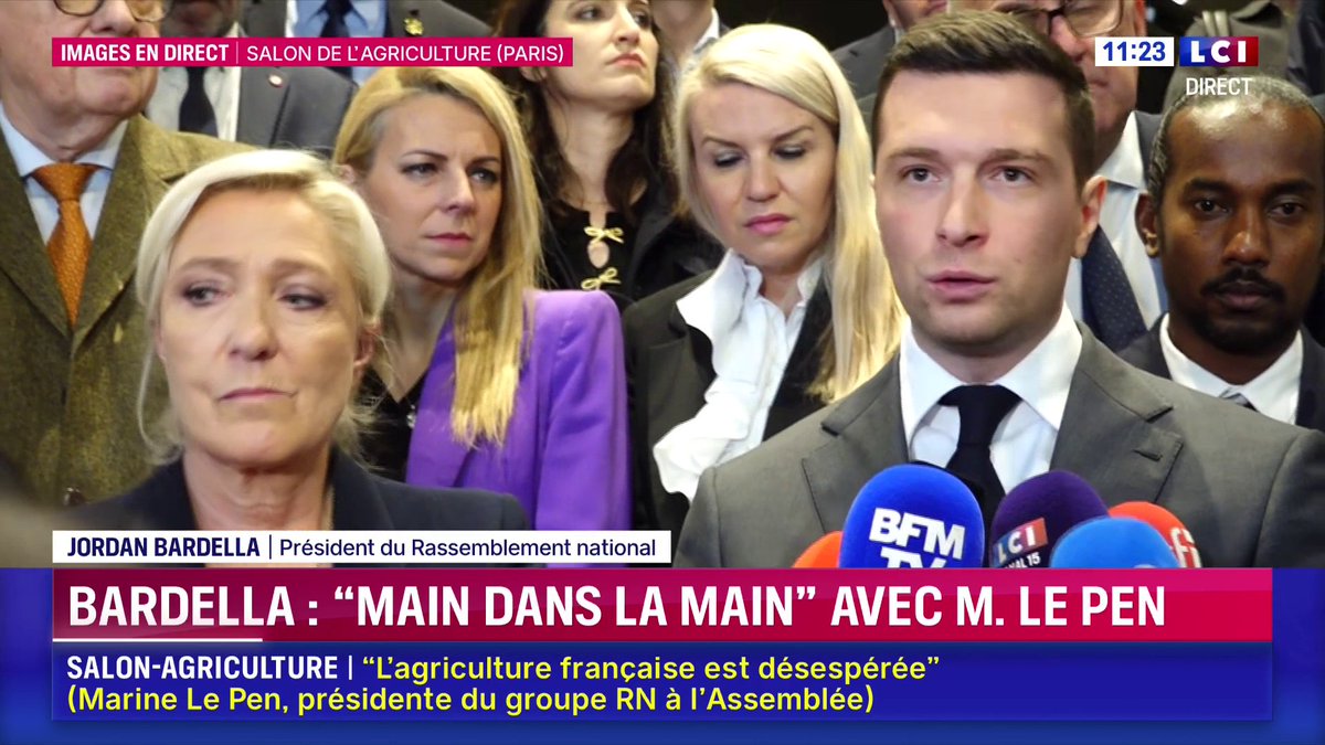 "Il faut un front commun contre La France insoumise (...) Le RN est et sera toujours un bouclier pour protéger le pays (...) La République c'est nous", Jordan Bardella, président du RN au Salon international de l'agriculture