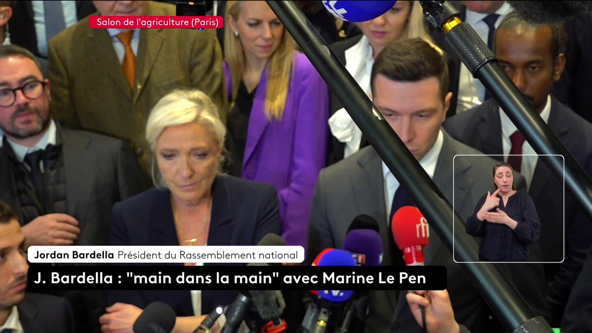 🔴🗣 Je me prépare à devenir chef du gouvernement et Marine se prépare à devenir présidente de la République", déclare Jordan Bardella, en visite au salon de l'agriculture avec Marine Le Pen. #canal16