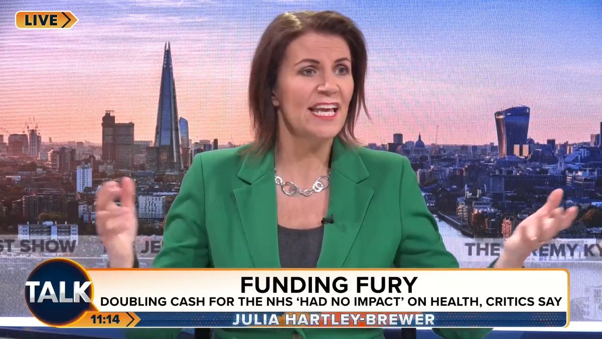 🚨Julia Hartley-Brewer tells everyone to stop saying you're "grateful" for the NHS. "It’s not free. We’ve all paid for it - same as streetlights, traffic lights and policing. I've contributed MORE than enough tax." Julia Hartley-Brewer