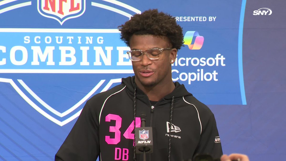 Ohio State S Caleb Downs is asked about meeting with the Jets and Aaron Glenn: "I was excited to meet him. I shook his hand in the hallway, he sounded like great people"