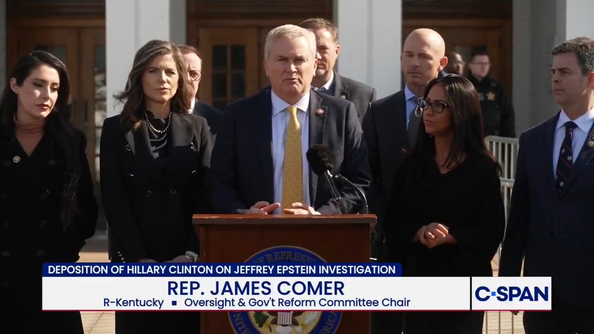 "This isn't a partisan witch hunt." .Rep. James Comer speaks to media before the House Oversight Committee's deposition of Hillary Clinton as part of their investigation into the handling of the Jeffrey Epstein case.