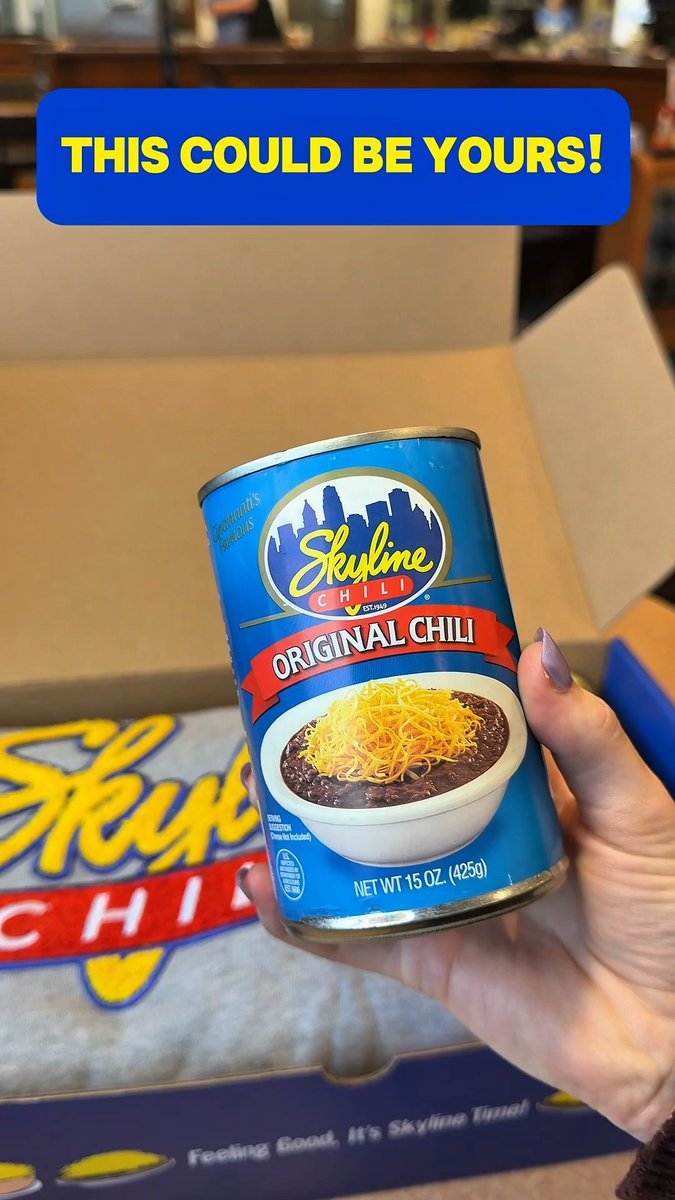 🎉 The ultimate Skyline giveaway is here! 🎉​ #NationalChiliDay just got even better. Peek inside this fan-favorite box and you’ll find an embroidered Skyline sweatshirt, 1 can of Chicken Chili + 1 can of Original Chili, and a $50 gift card to show off your Skyline love 💙​ Want a chance to win? Tell us your favorite menu item and use #SkylineSweeps for your chance to win!​ - - - WE WILL CONTACT THE WINNER BY REPLYING TO YOUR COMMENT ON THIS POST. WE WILL NOT SEND YOU A FRIEND REQUEST, DM YOU A LINK, HAVE YOU DOWNLOAD AN APP, OR ASK FOR CREDIT CARD INFORMATION. NO PURCHASE NECESSARY. One entry permitted per person per social media platform. Sponsored by Skyline Chili, LLC. Must be a resident of Ohio, Kentucky, Indiana, or Florida and 18 or older to enter. 2/26 at 11AM ET and ends 2/27 at 9AM EST. 5 winners will be randomly chosen from entries received on each of X, Facebook & Instagram and notified electronically by social media. Sweepstakes is not sponsored, endorsed, administered by or affiliated with X, Facebook or Instagram.