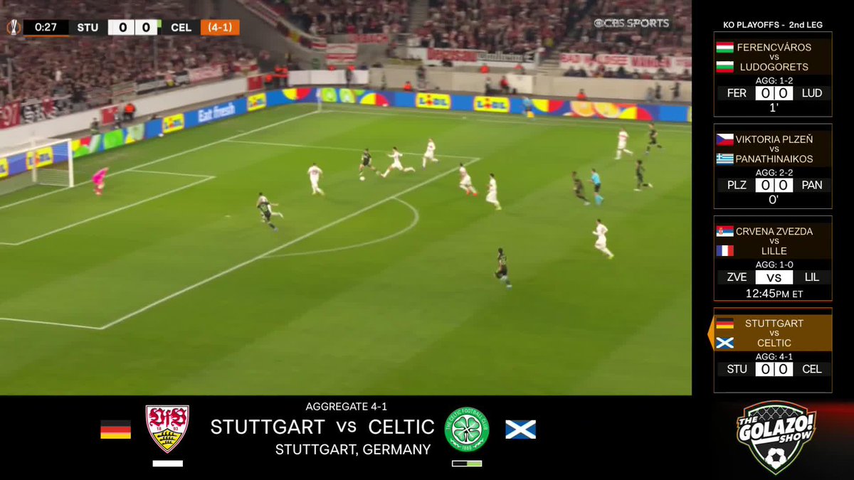 Celtic need just 29 seconds to open the scoring in Germany 🤯 Luke McCowan's beautiful finish means Celtic now trail Stuttgart 2-4 on aggregate 🟢