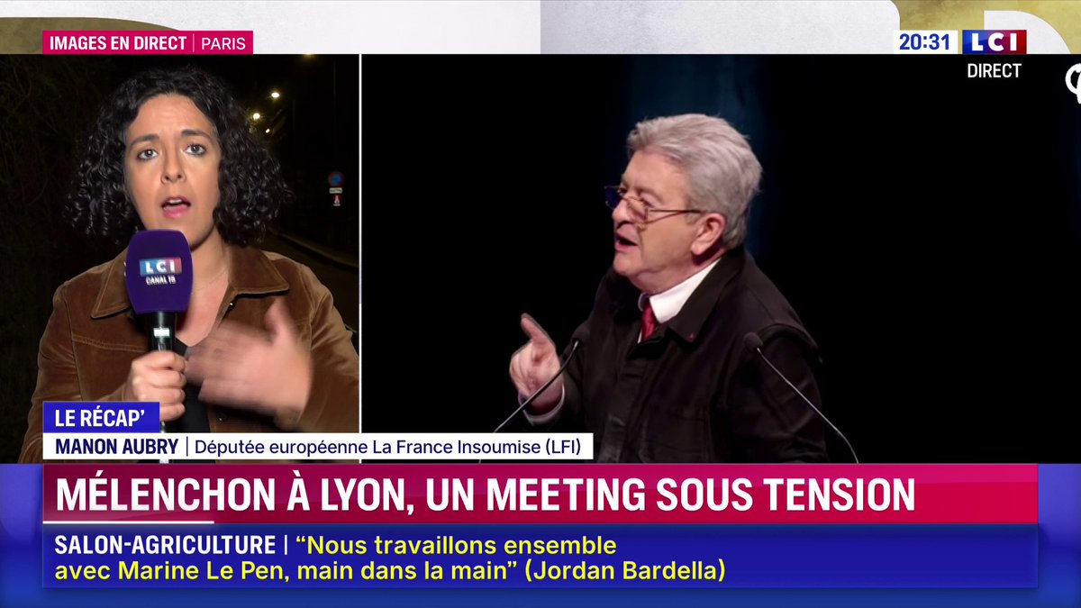 🔴 Jean-Luc Mélenchon à Lyon, un meeting sous tension 🗣️ "Ce meeting ce soir fait partie de la contre-offensive antifasciste qu'il nous faut" : Manon Aubry 📺 "Face à Darius Rochebin" sur LCI