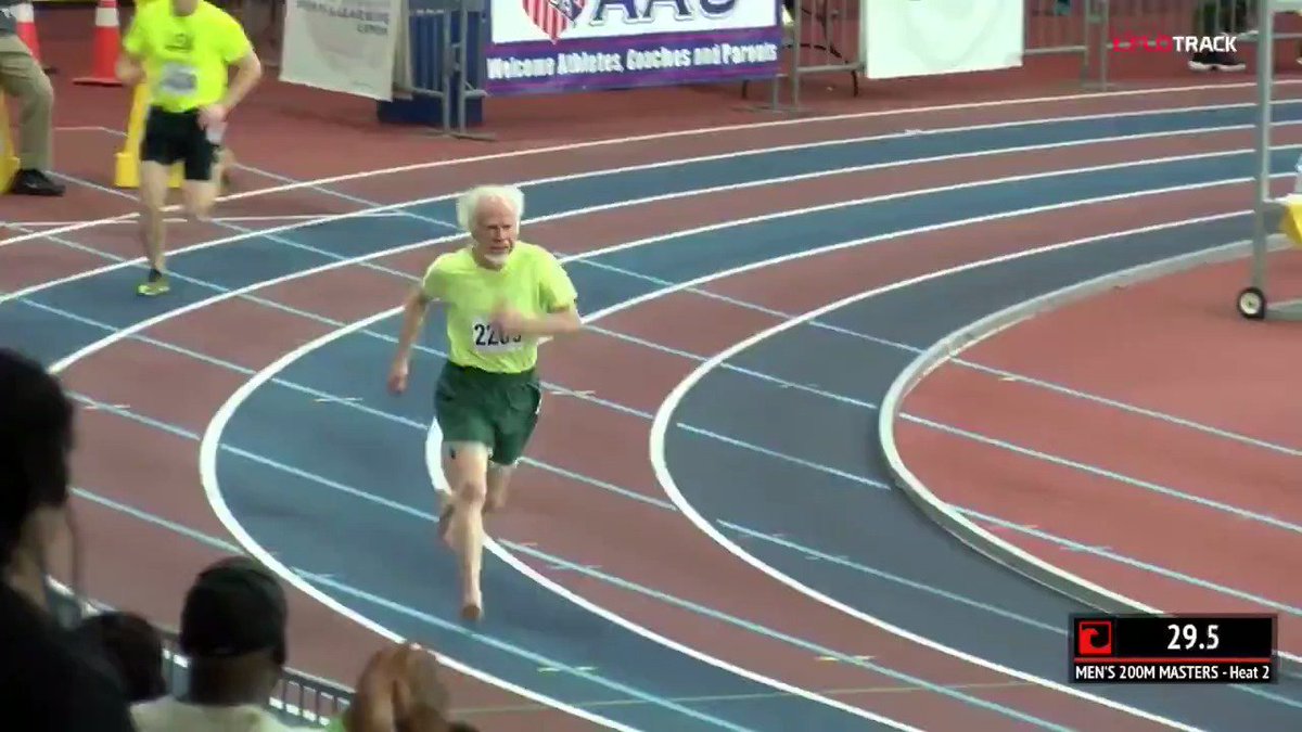 A 76-year-old runs the 200m barefoot and destroys the competition.