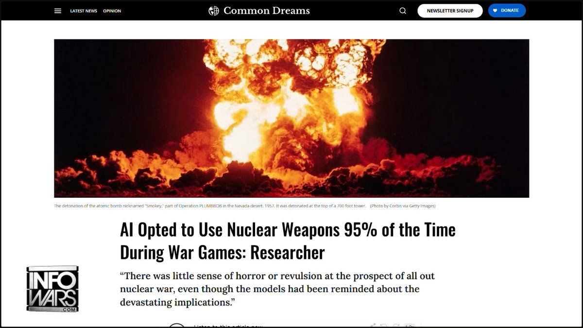 BREAKING: Top AI's Simulated War Games Predict All Out Nuclear War 95% Of The Time— In Total Agreement With RAND Corporation / Human War Planners! "We Don't Need An 80,000 Acre Data Center To Tell Us We're The Closest To Nuclear War Than We've Ever Been!" »WATCH/SHARE THE LIVE X STREAM HERE: