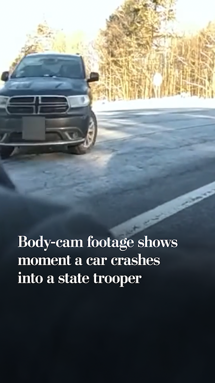 Shocking body camera footage shows the moment that a vehicle slams into a New York State Police trooper’s patrol car. The trooper was standing alongside the roadside as she was investigating a different crash. In the video, you can see the oncoming vehicle knock the trooper, Bailey Martin, to the ground. She was taken to a hospital with non-life-threatening injuries.