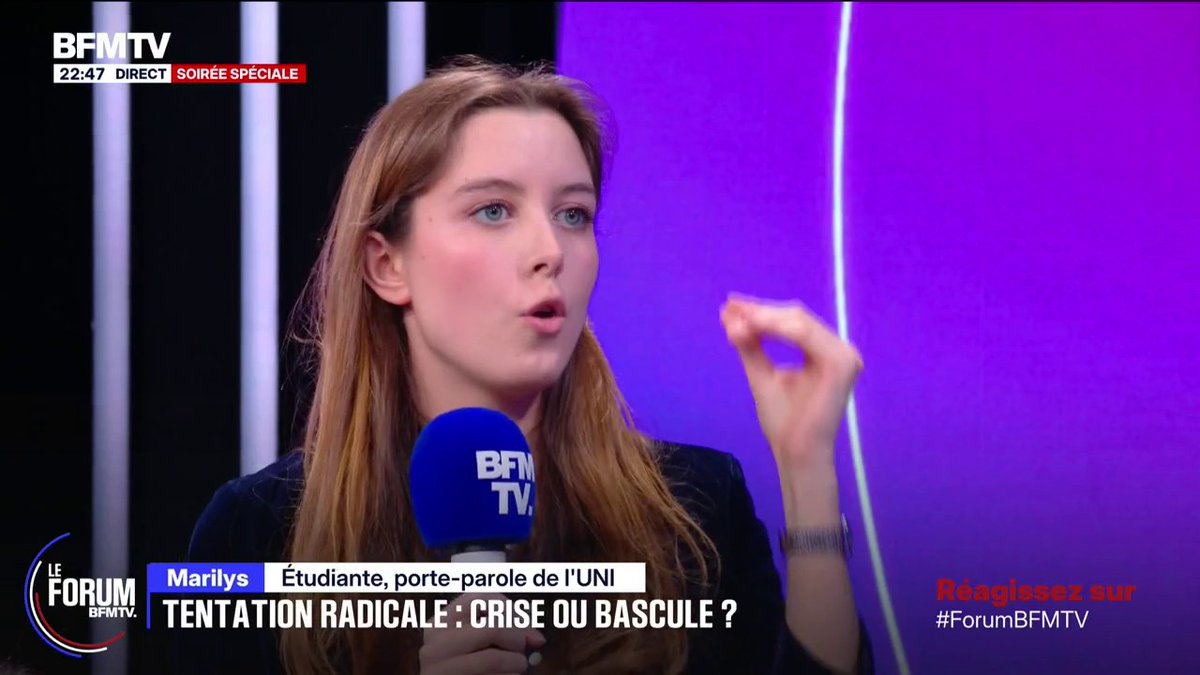 "À LFI, il y a une tendance à faire passer tout adversaire politique pour une personne à éliminer au lieu de débattre", affirme Marilys, étudiante et porte-parole de l'UNI #FORUMBFM