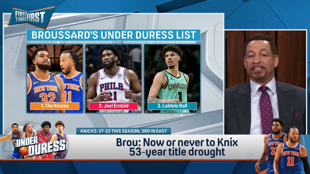 .Chris Broussard sounds OFF on the Knicks in this week’s BUD List 😅 “If not now, when? Tyrese Haliburton gone. Giannis Antetokounmpo gone. Jayson Tatum gone. You’ve been waiting 53 years! This conference will never be this wide-open.”