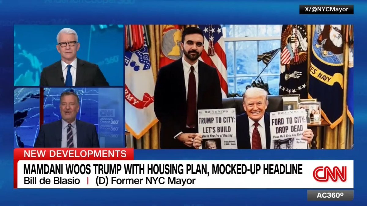 NYC Mayor Zohran Mamdani meets with President Trump in the Oval Office for a second time, and brings a big plan for new housing as well as a fake newspaper with the headline “Trump to City: Let’s Build.” "It's just a great move," says former NYC Mayor Bill de Blasio.