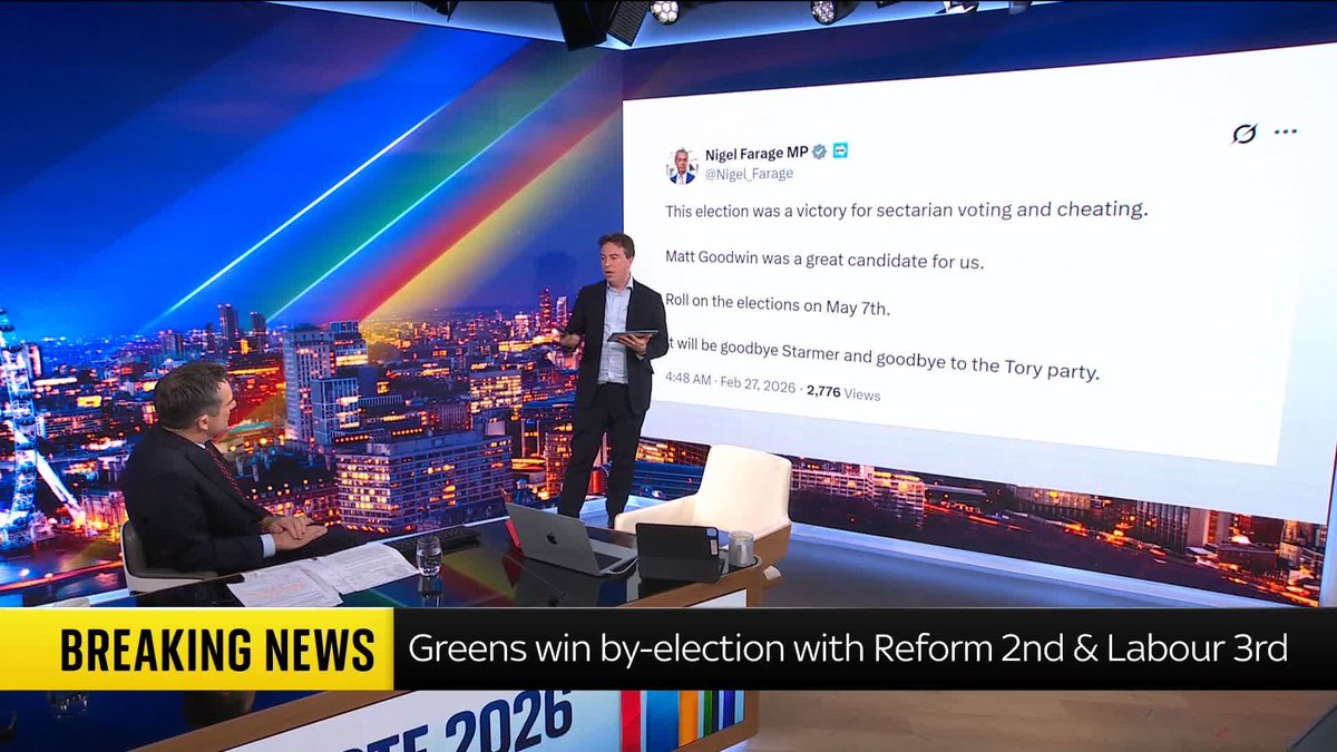 The Green Party has hit back at Reform UK leader Nigel Farage calling the Gorton and Denton by-election a 'victory for sectarian voting and cheating'. Sky's Sam Coates Sky analyses the Green Party's response. 📺 Sky 501, Virgin 602, Freeview 233