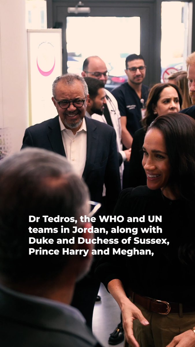 .Tedros Adhanom Ghebreyesus and United Nations teams in Jordan, joined by the Duke and Duchess of Sussex, Prince Harry and Meghan, visited the WHO‑supported Speciality Hospital caring for children evacuated from Gaza. The visit underscored the vital role of WHO’s medical evacuation programme and the need to sustain the Jordan humanitarian corridor as a lifeline for patients from #Gaza.