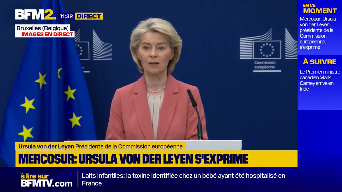 Mercosur: "La Commission procédera maintenant à l'application provisoire.[...] L'accord ne peut être pleinement conclu qu'une fois que le Parlement européen a donné son consentement", annonce Ursula von der Leyen, présidente de la Commission européenne #BFM2