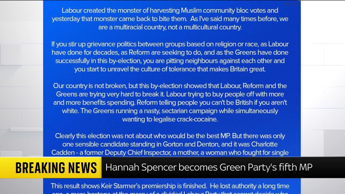 BREAKING: Tory leader Kemi Badenoch has shared her reaction to the Green Party's Gorton and Denton by-election win on X Live updates: 📺 Sky 501, Virgin 602, Freeview 233 and YouTube