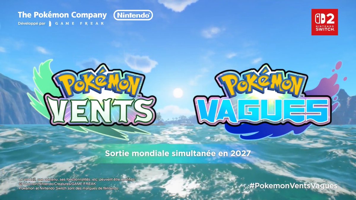 Voici la bande-annonce de Pokémon Vents et Pokémon Vagues, les nouveaux jeux Pokémon de la 10ème génération ! Sortie en 2027 sur Nintendo Switch 2. #PokémonVentsVagues