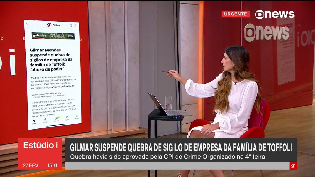 URGENTE: Gilmar Mendes suspende a quebra de sigilos de uma empresa que pertence ao ministro Dias Toffoli, do STF, e irmãos dele. A quebra havia sido aprovada pela CPI do Crime Organizado no Senado na última quarta-feira. #Estúdioi ➡ Assista à #GloboNews: