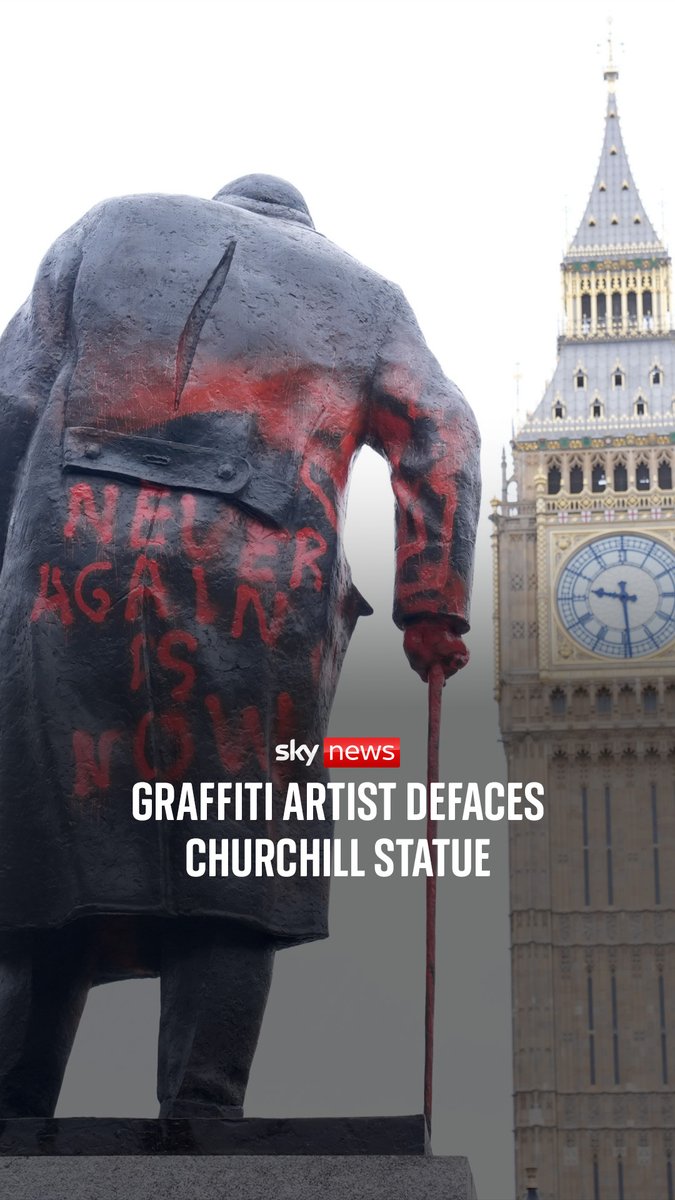 Footage shared on social media appears to show a man dressed in an orange jumpsuit spray painting the statue of Sir Winston Churchill earlier today. A 38-year-old man was arrested on suspicion of racially aggravated criminal damage. 🔗