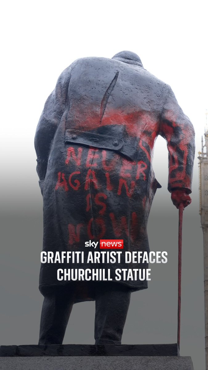 The statue of Sir Winston Churchill in Parliament Square in Westminster was defaced overnight with "Zionist war criminal" and other graffiti. A 38-year-old man has been arrested on suspicion of racially aggravated criminal damage and remains in custody.