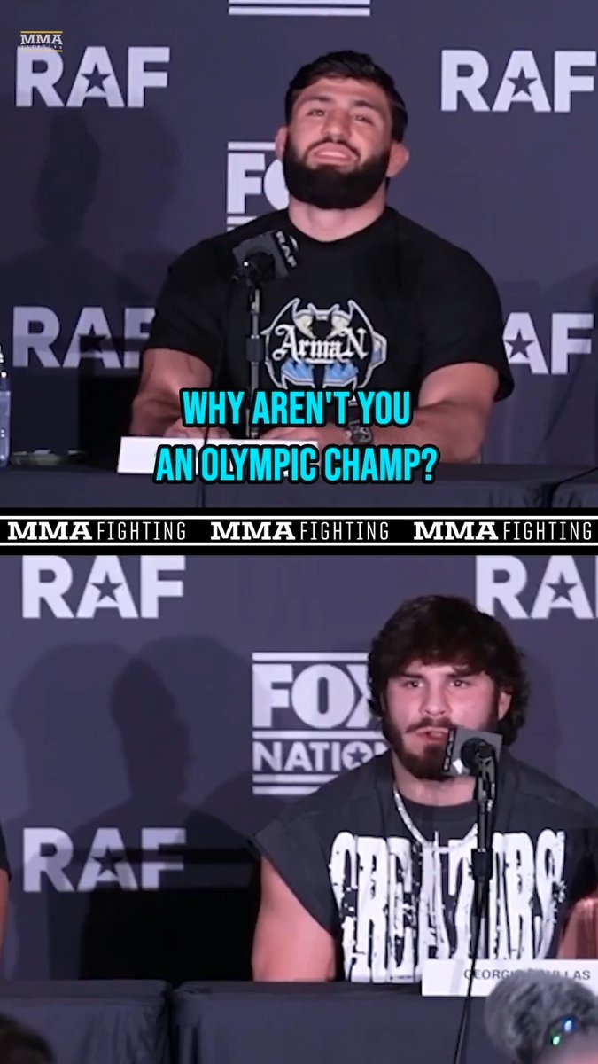 Arman Tsarukyan: "Nobody take you down on the street?" Georgio Poullas: "This is true." Arman: "Wow. Why are you not an Olympic champ?" Georgio: "Why are you not UFC champ?" Arman: "Soon, soon."