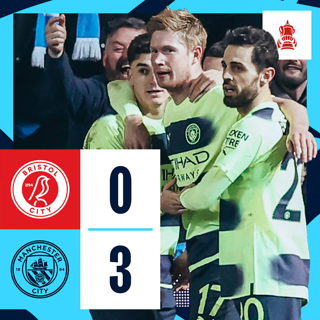 #OnThisDay: Bristol City 0-3 #ManCity [2023] ⚽️ [7', 74'] Phil Foden ⚽️ [81'] Kevin De Bruyne