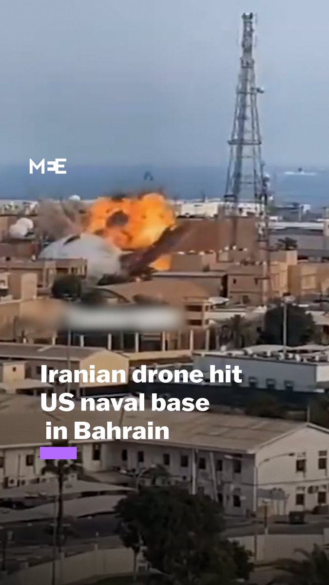 Footage shows Iranian drone hitting the headquarters of the Fifth Fleet in Bahrain. Iran’s Fars news agency said the country was targeting Al Udeid Air Base in Qatar, Ali Al Salem Air Base in Kuwait, Al Dhafra Air Base in the UAE and the US Fifth Fleet naval base in Bahrain