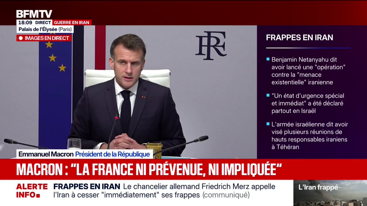 Frappes en Iran: "La France n'a été ni prévenue ni impliquée", déclare Emmanuel Macron